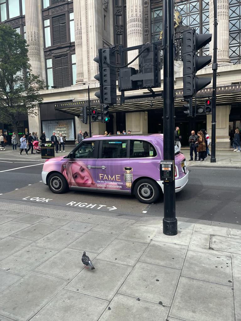 Paco Rabanne Fame taxi advertising campaign on a London street