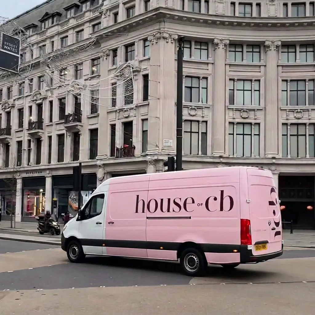 A house of cb branded pink and white van driving through central London